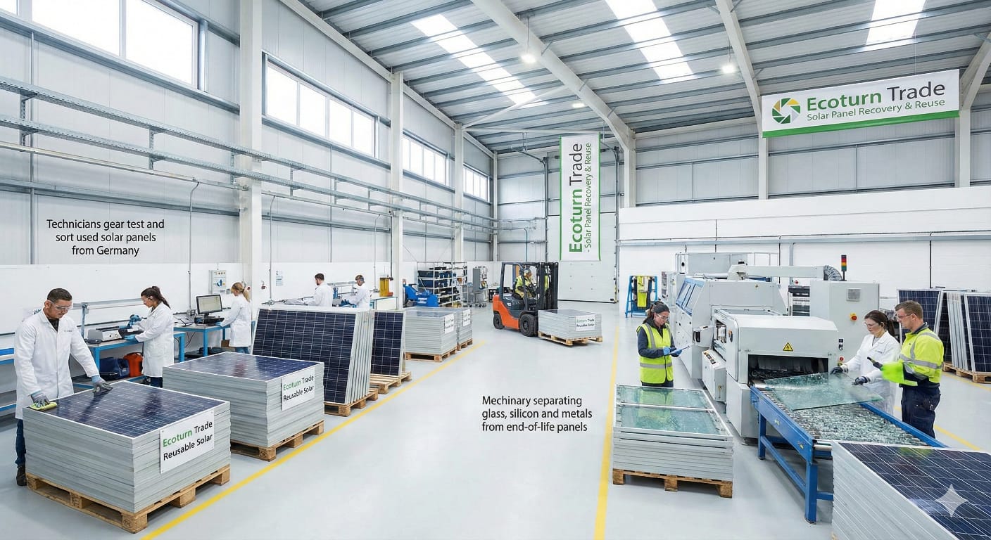 Solar panel testing and recovery process at Ecoturn Trade Recycling